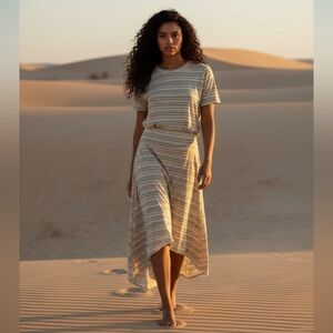 PRANA Jasmine Canella Stripe Midi Skirt Boho Beige Gold Brown High Low Medium